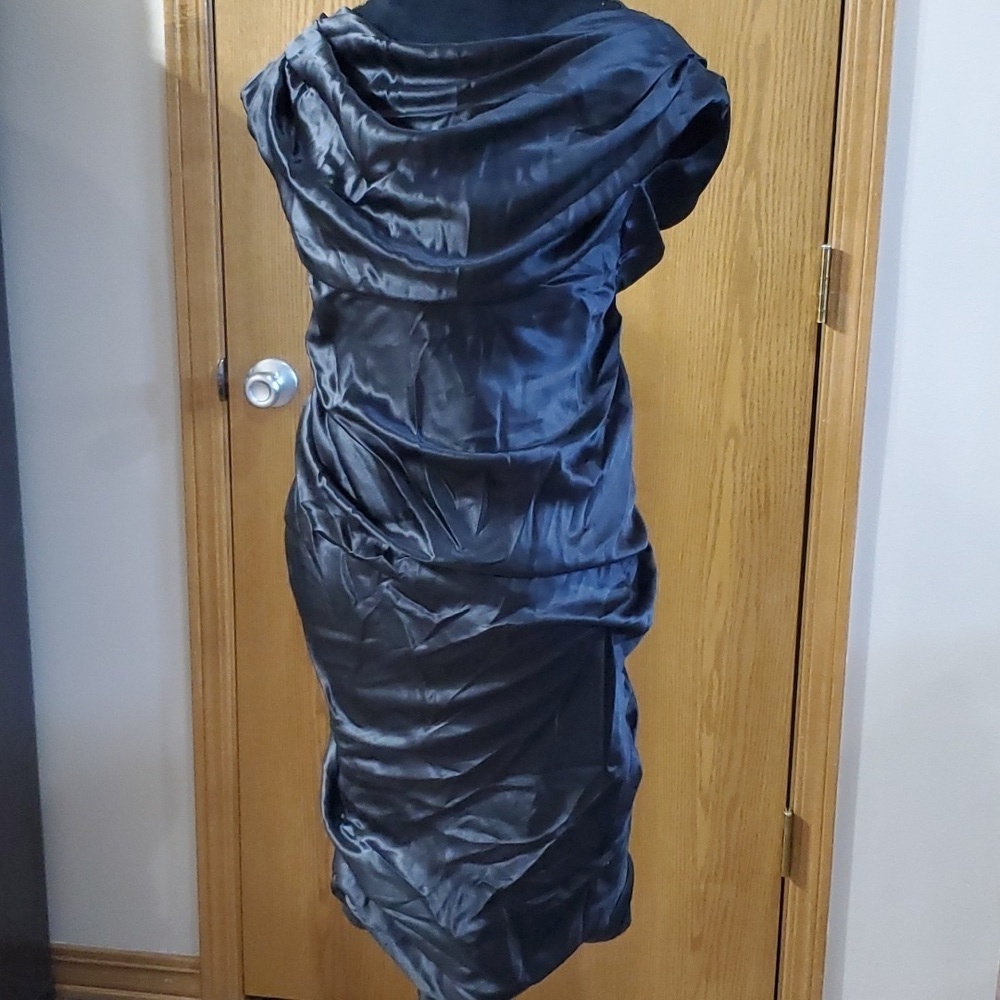 Devi kroell silk black draped evening formal midi dress